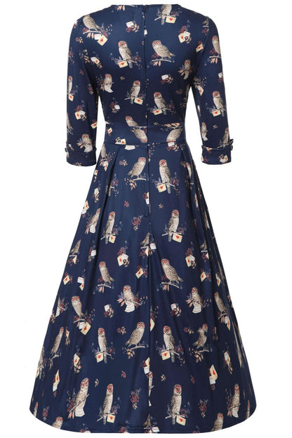 Katherine Navy Blue Owl Long Sleeved Dress