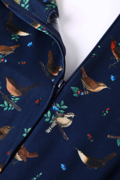 Brenda Navy Blue Bird Print Dress