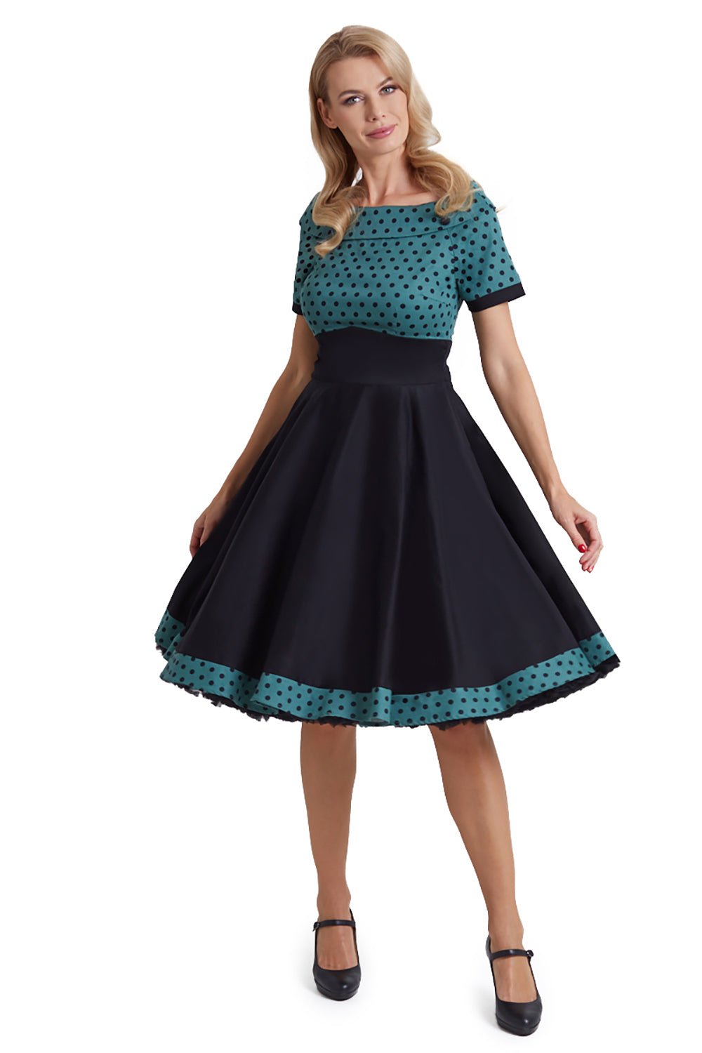 Darlene Black & Green Polka Dot Off Shoulder Swing Dress