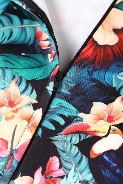Norma Cross Strap Pencil Dress in Black Toucan Print