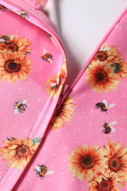 Claudia Pink Cap Sleeved Dress with Sunflowers & Bees