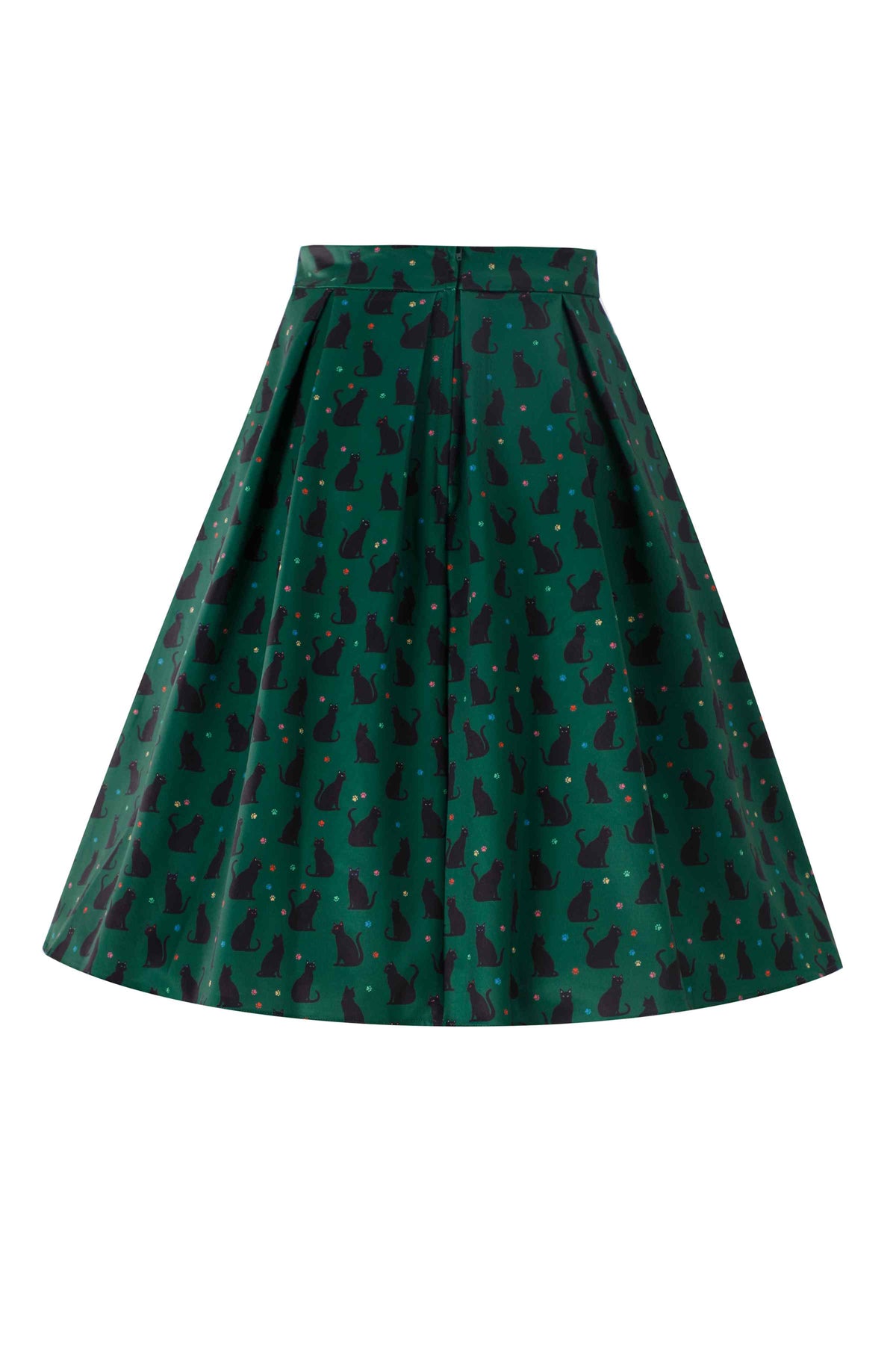 Aisley Black Cat Pleated Midi Skirt In Green
