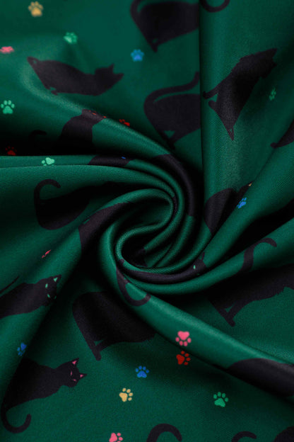 Aisley Black Cat Pleated Midi Skirt In Green