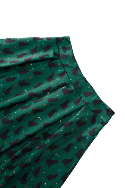 Aisley Black Cat Pleated Midi Skirt In Green