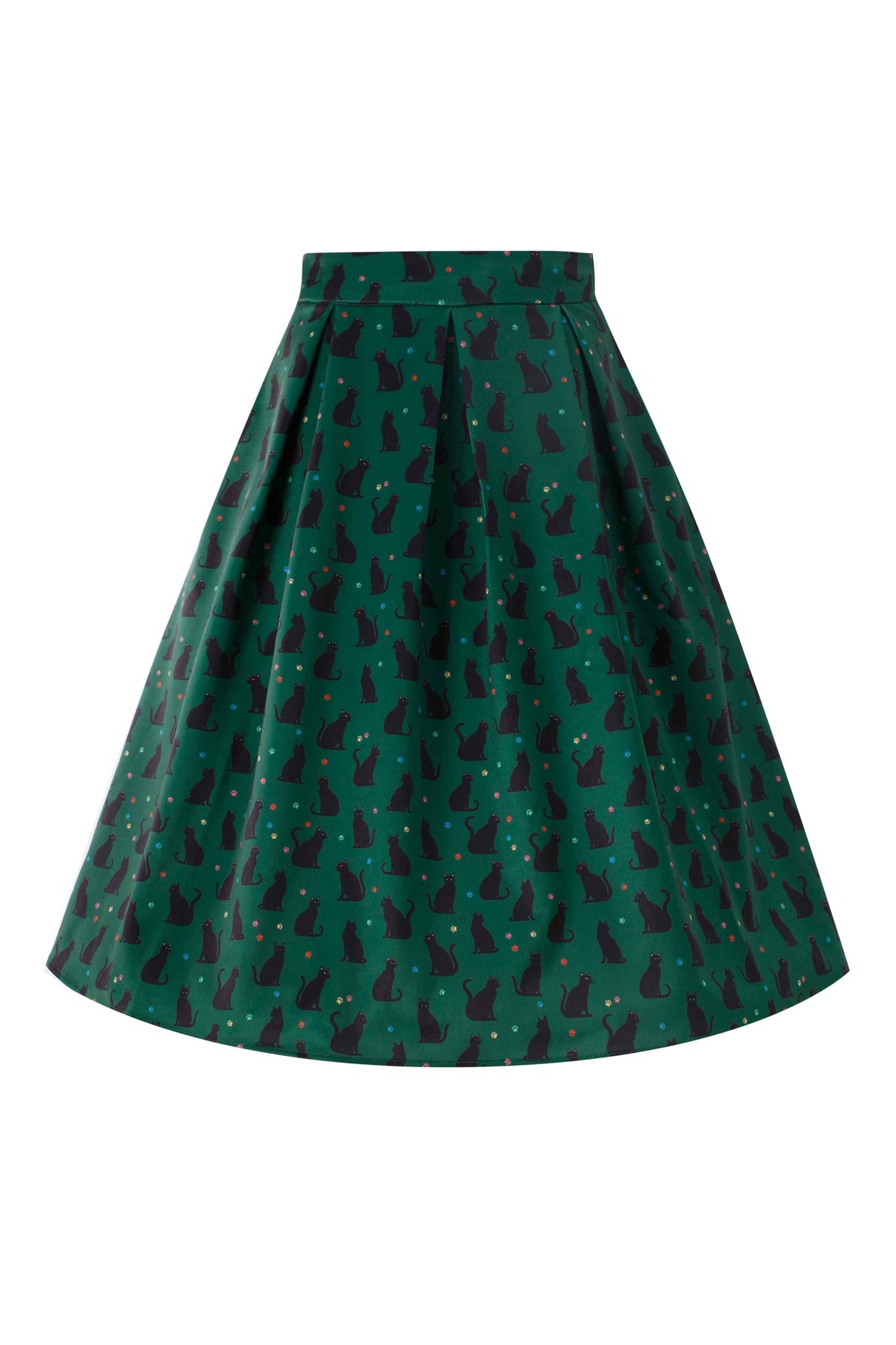 Aisley Black Cat Pleated Midi Skirt In Green