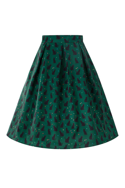 Aisley Black Cat Pleated Midi Skirt In Green