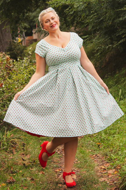 Lily Baby Blue Off-Shoulder Dress with Red Polka Dots