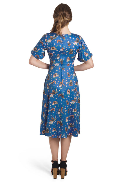 Janice Blue Short Sleeved Tea Dress in Red Panda Print