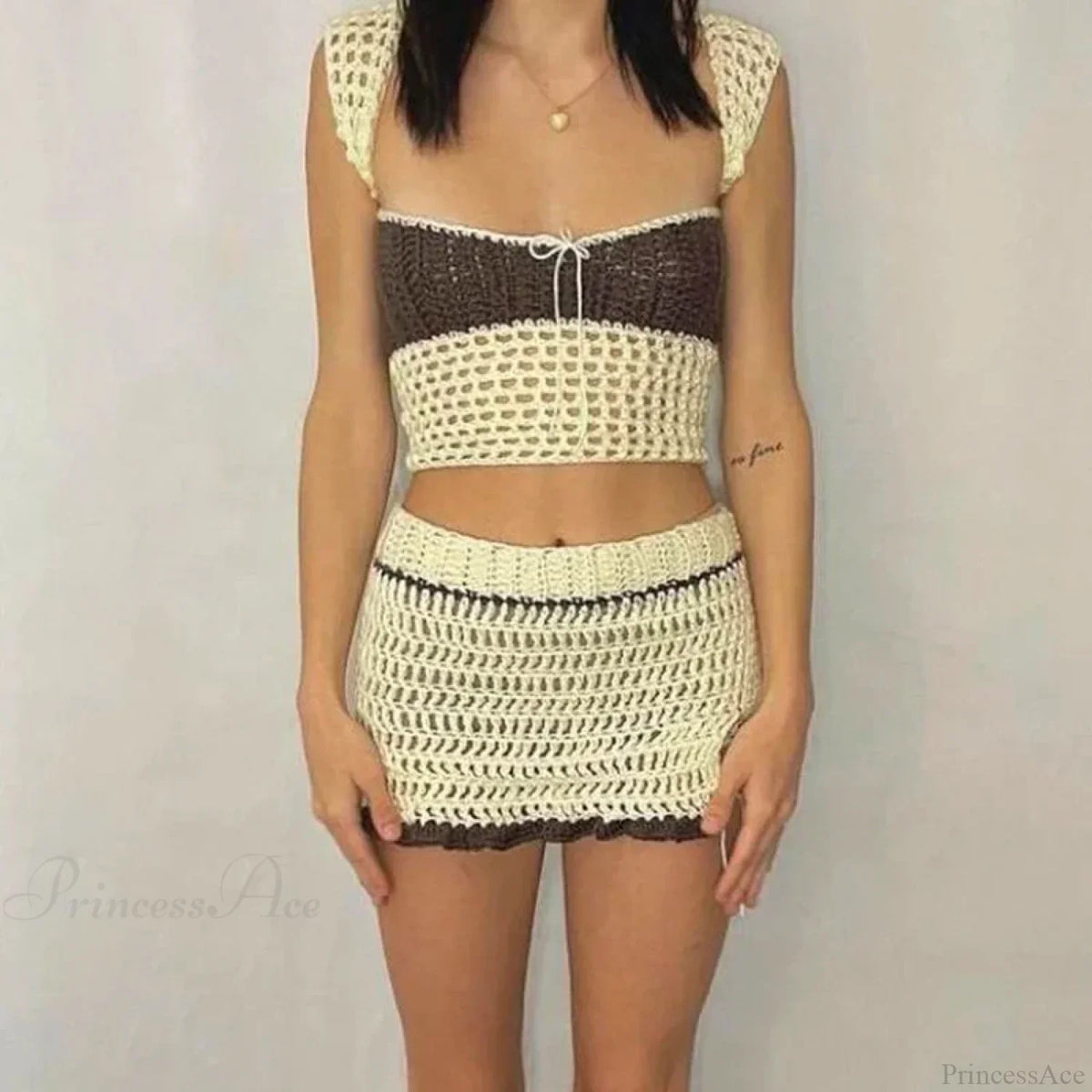 Beach Holiday 2 Piece Sets Crochet Hollow Out Crop Tops Backless Tie Up Knitted Tank Tops + Mini Pencil Skirt Y2K Vintage Outfit