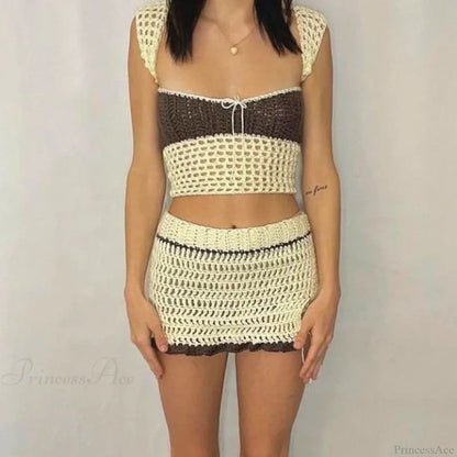 Beach Holiday 2 Piece Sets Crochet Hollow Out Crop Tops Backless Tie Up Knitted Tank Tops + Mini Pencil Skirt Y2K Vintage Outfit