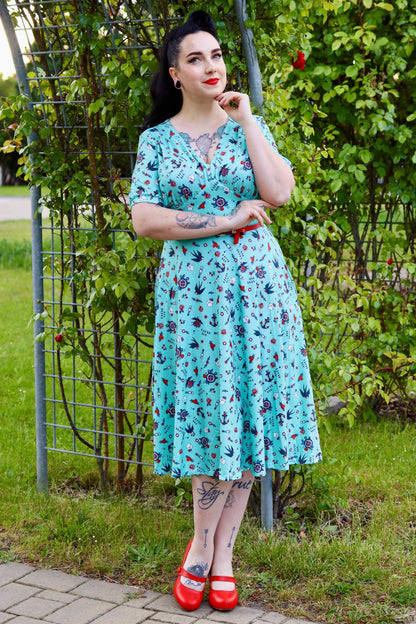 Julia Blue Nautical Tattoo Midi Dress