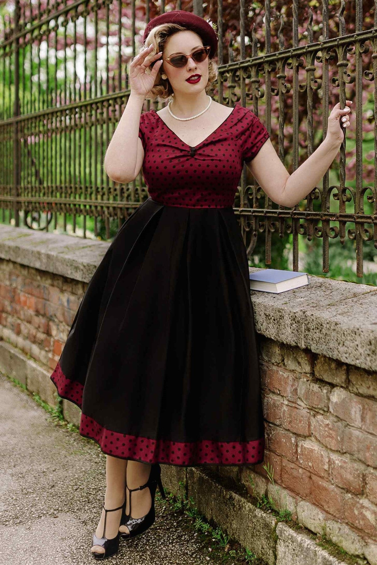 Lily Burgundy & Black Polka Dot Off Shoulder Dress