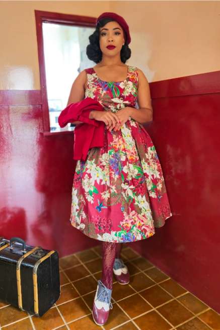 Amanda Burgundy Botanical Floral Swing Dress In Cotton