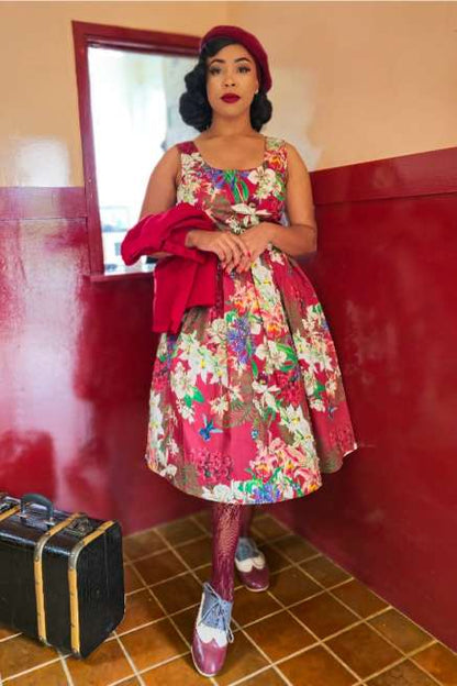 Amanda Burgundy Botanical Floral Swing Dress In Cotton