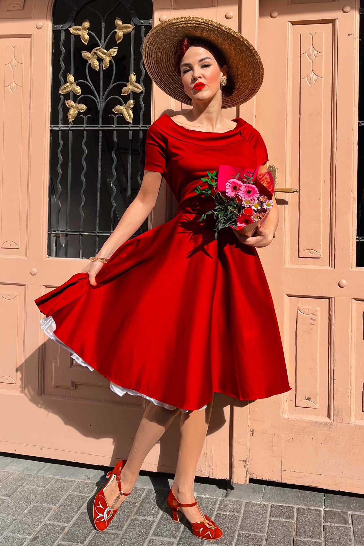 Darlene Burgundy Roll Collar Circle Dress