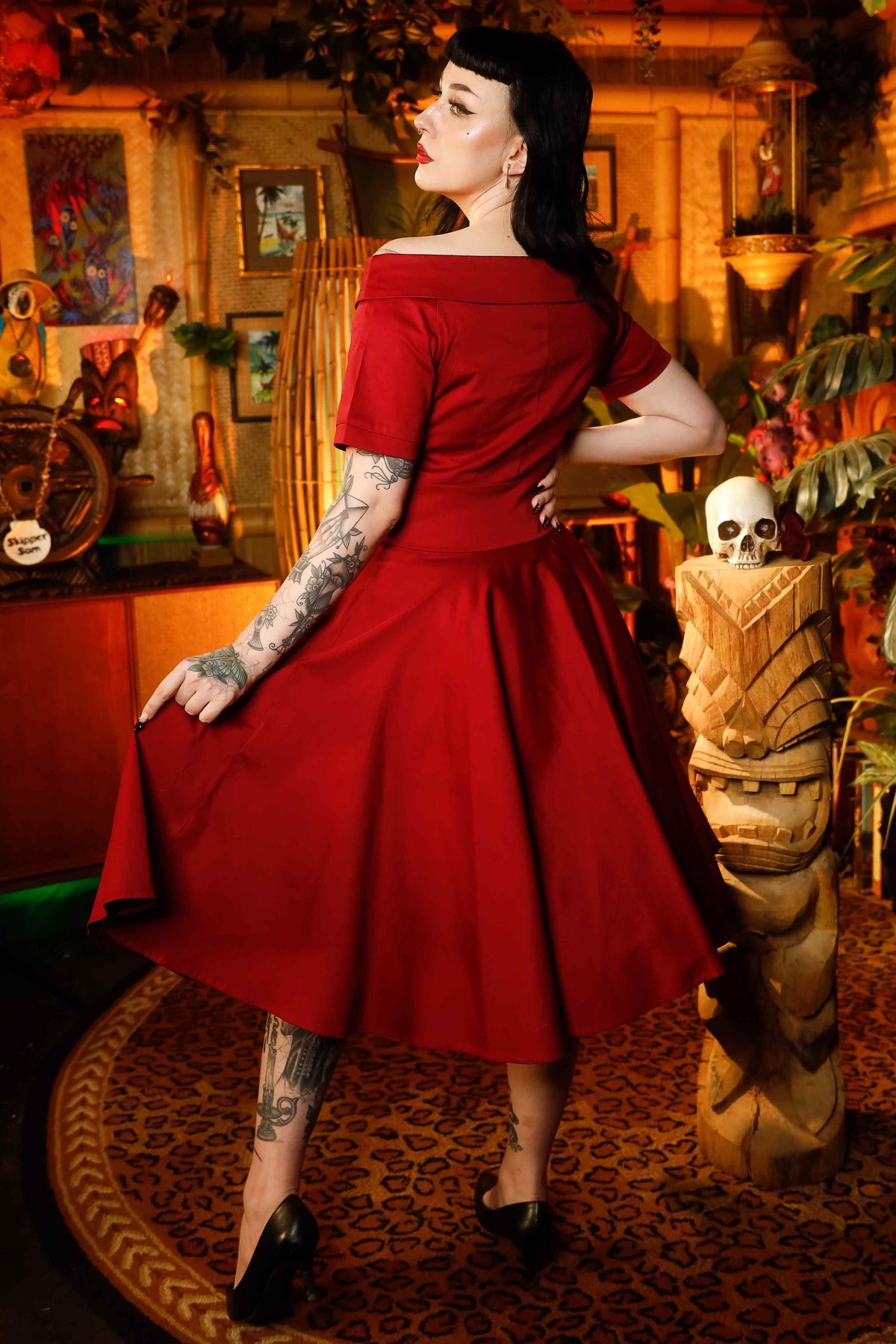 Darlene Burgundy Roll Collar Circle Dress