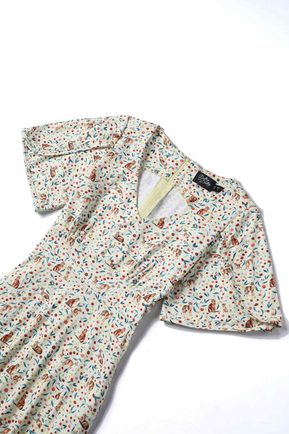 Janice Ivory Cream Sleeved Tea Dress in Cat Floral Print