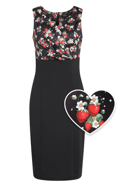 Cheryl Black Pencil Dress In Strawberry Print