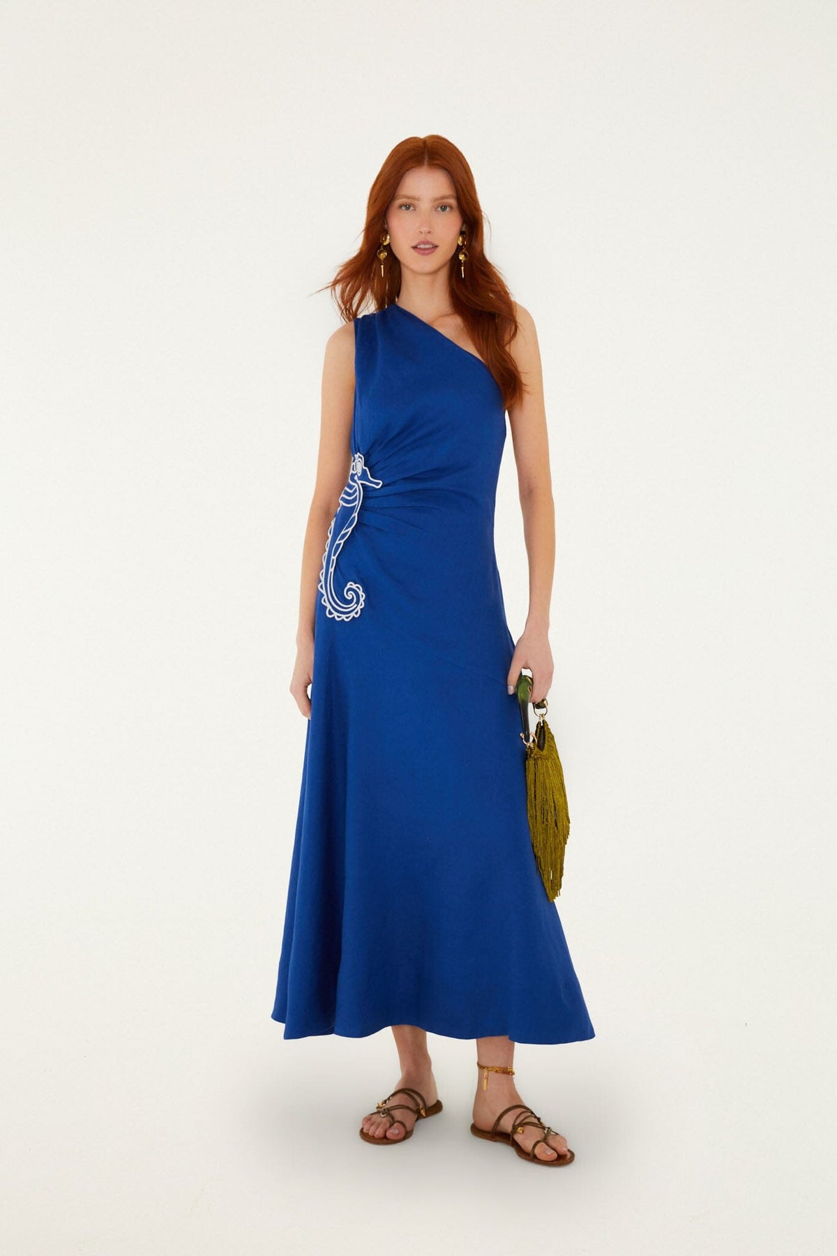 Blue Seahorse Embroidery One-Shoulder  Maxi Dress