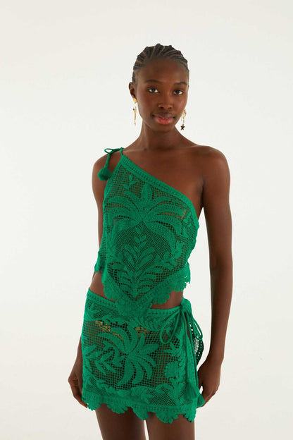 Green One-Shoulder Sheer Blouse
