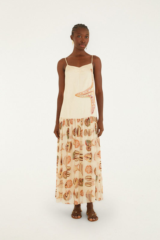 Sand Marine Shells Pleated Sleeveless Maxi Dress