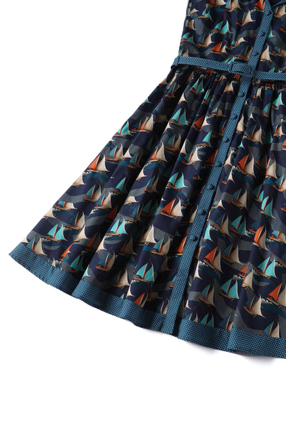 Maverick Fifties Navy Blue Sailboat Shirt Dress