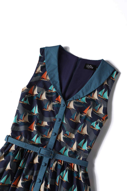 Maverick Fifties Navy Blue Sailboat Shirt Dress
