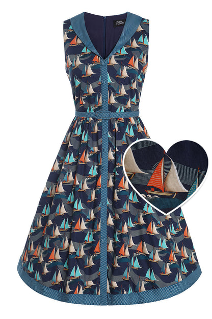 Maverick Fifties Navy Blue Sailboat Shirt Dress