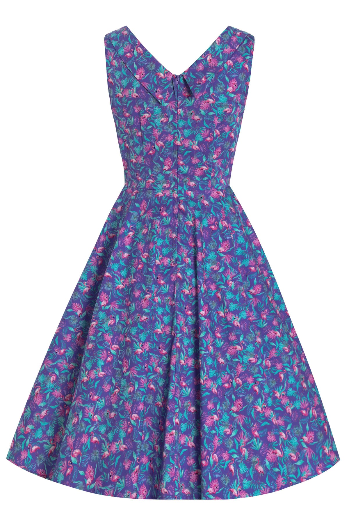Grace Purple Pleated Dress in Flamingo Leaf Print