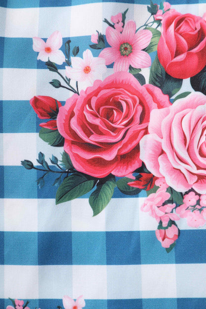 Lily Floral Off Shoulder Dress In Blue Gingham