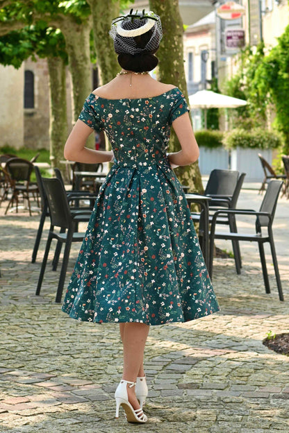 Lily Green Ditsy Floral Off Shoulder Flared Dress