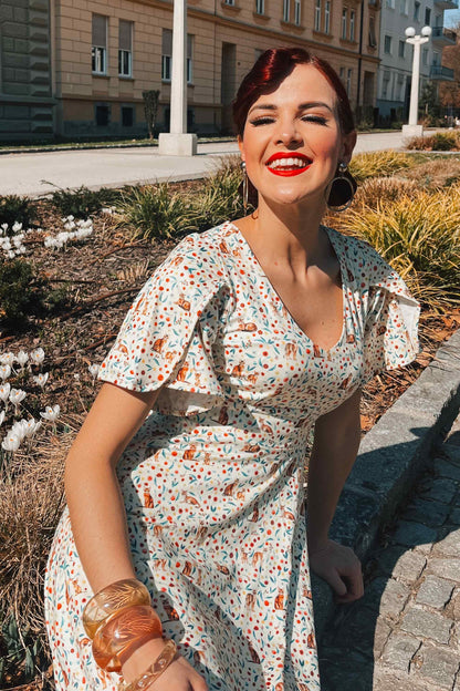 Janice Ivory Cream Sleeved Tea Dress in Cat Floral Print