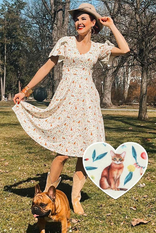 Janice Ivory Cream Sleeved Tea Dress in Cat Floral Print