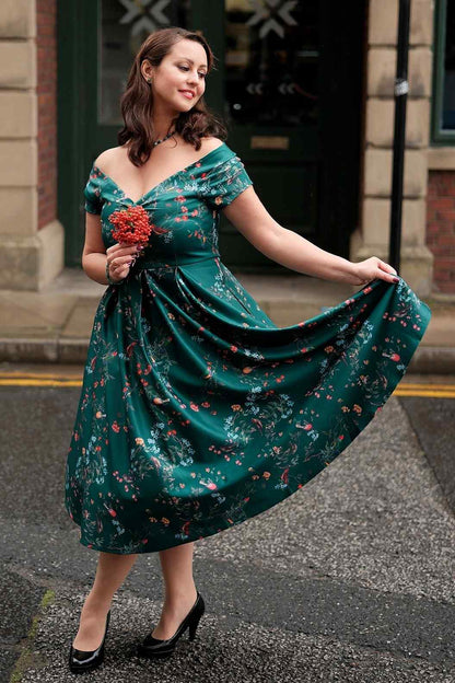 Lily Green Bird Forest Off Shoulder Swing Dress