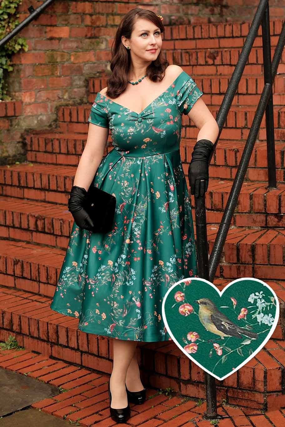 Lily Green Bird Forest Off Shoulder Swing Dress