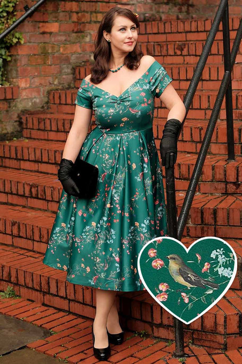 Lily Green Bird Forest Off Shoulder Swing Dress