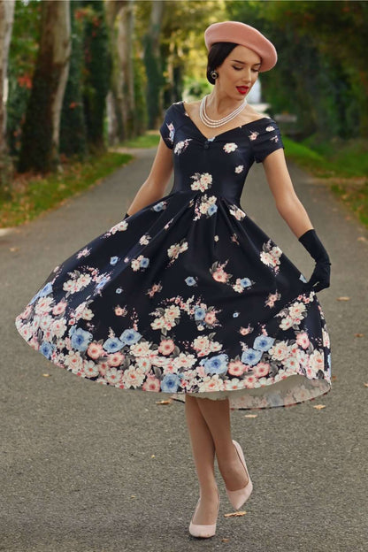 Lily Navy Blue Falling Rose Off Shoulder Dress