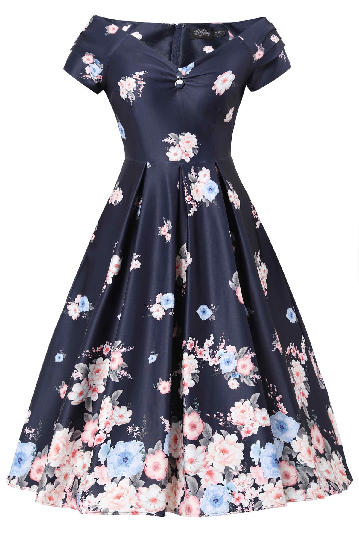 Lily Navy Blue Falling Rose Off Shoulder Dress