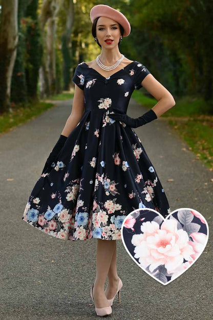 Lily Navy Blue Falling Rose Off Shoulder Dress