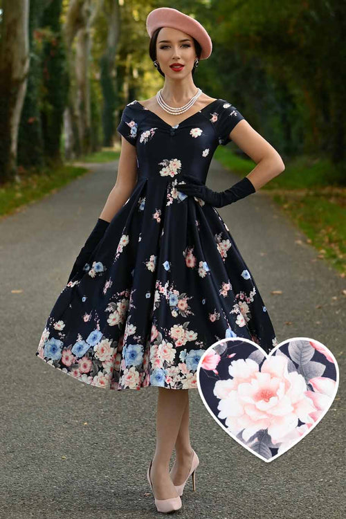 Lily Navy Blue Falling Rose Off Shoulder Dress