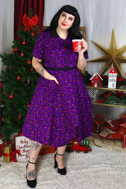 Mabel Festive Cat Shirt Dress In Purple