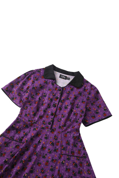 Mabel Festive Cat Shirt Dress In Purple