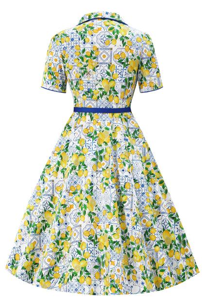 Mabel Mediterranean Lemon Midi Shirt Dress In White