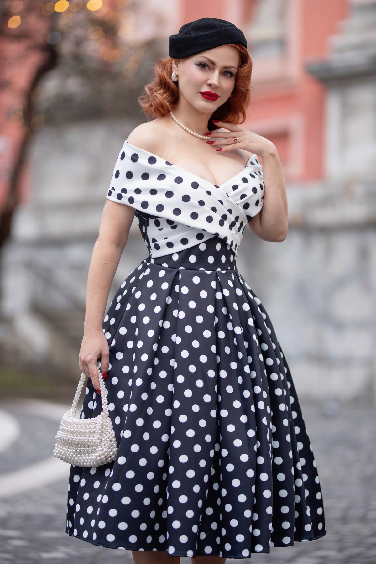 Beverly Monochrome Polka Dot Off Shoulder Dress