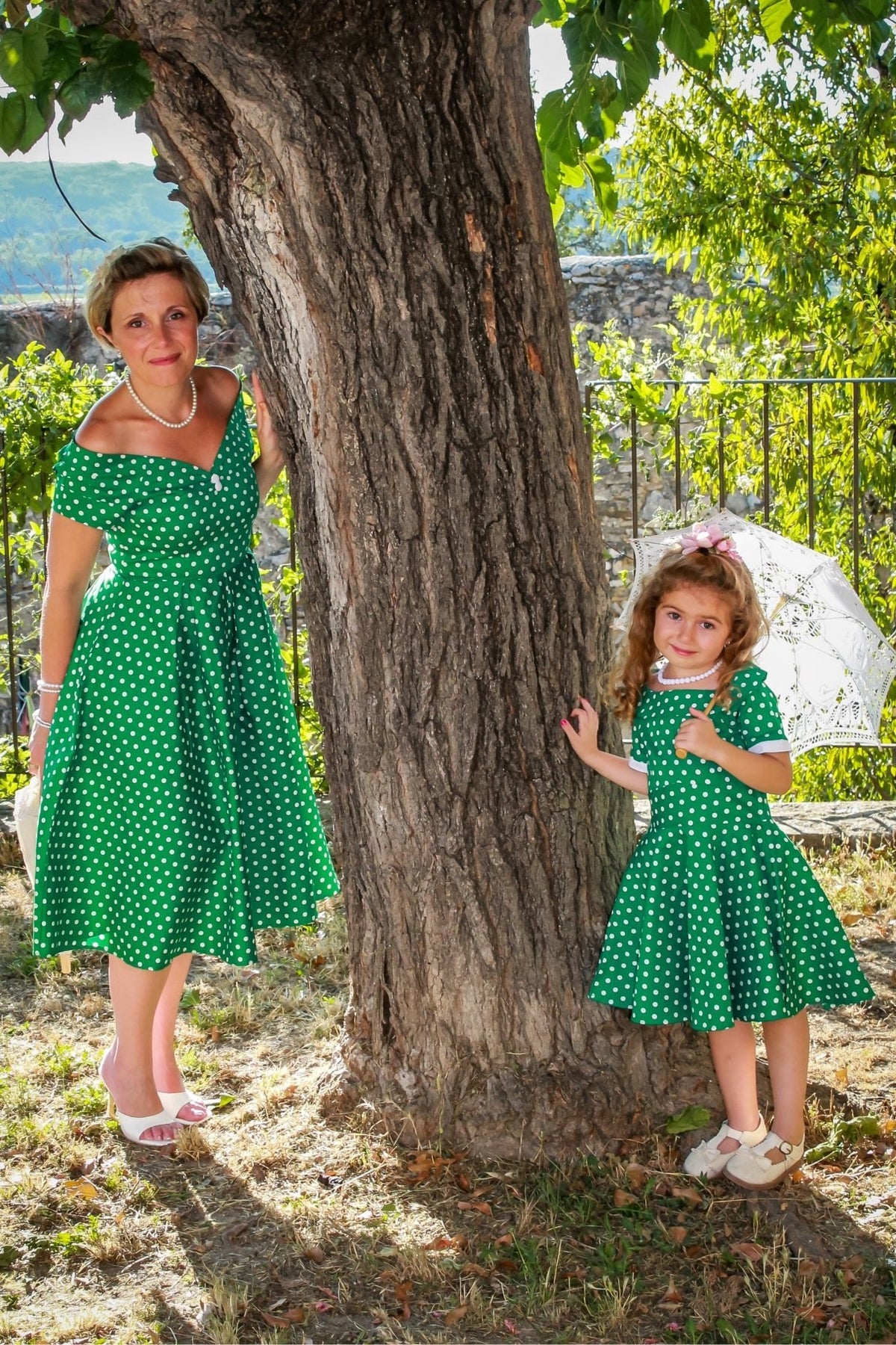Lily Off Shoulder Green Polka Dot Swing Dress
