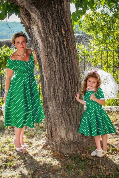 Lily Off Shoulder Green Polka Dot Swing Dress