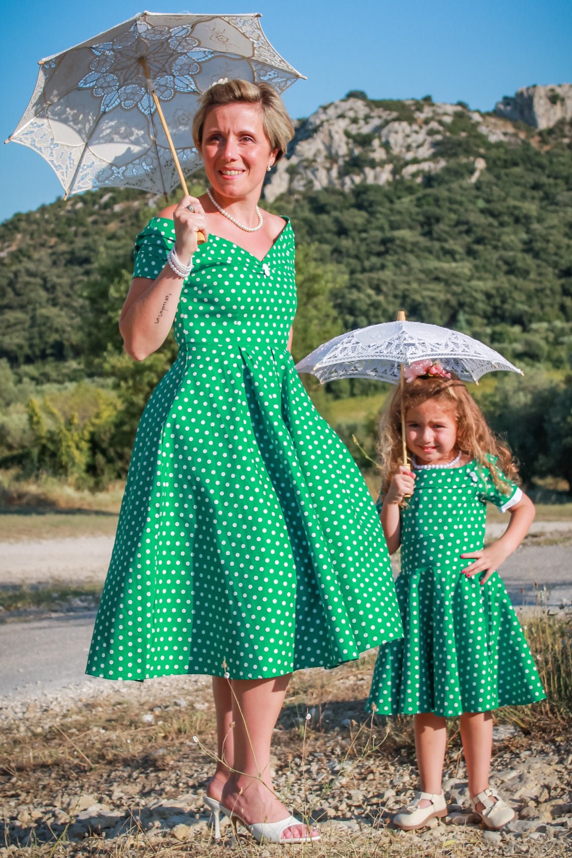 Lily Off Shoulder Green Polka Dot Swing Dress