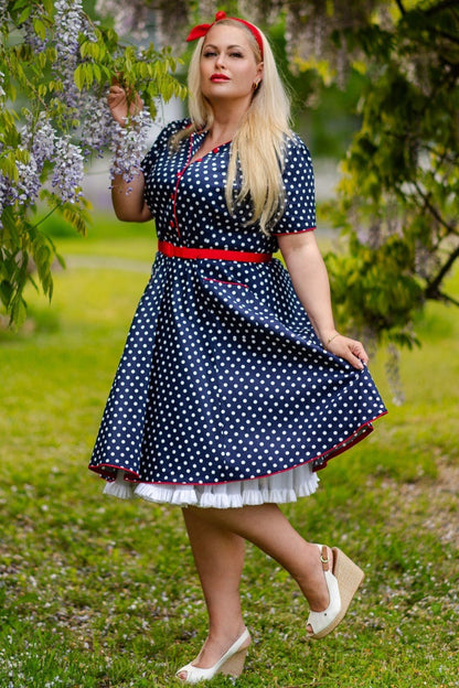 Penelope Navy Blue Polka Dot Rockabilly Shirt Dress