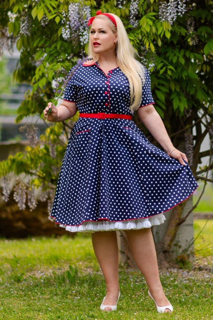 Penelope Navy Blue Polka Dot Rockabilly Shirt Dress