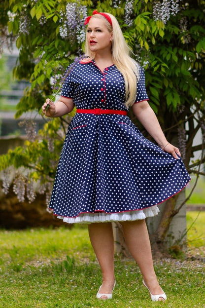 Penelope Navy Blue Polka Dot Rockabilly Shirt Dress